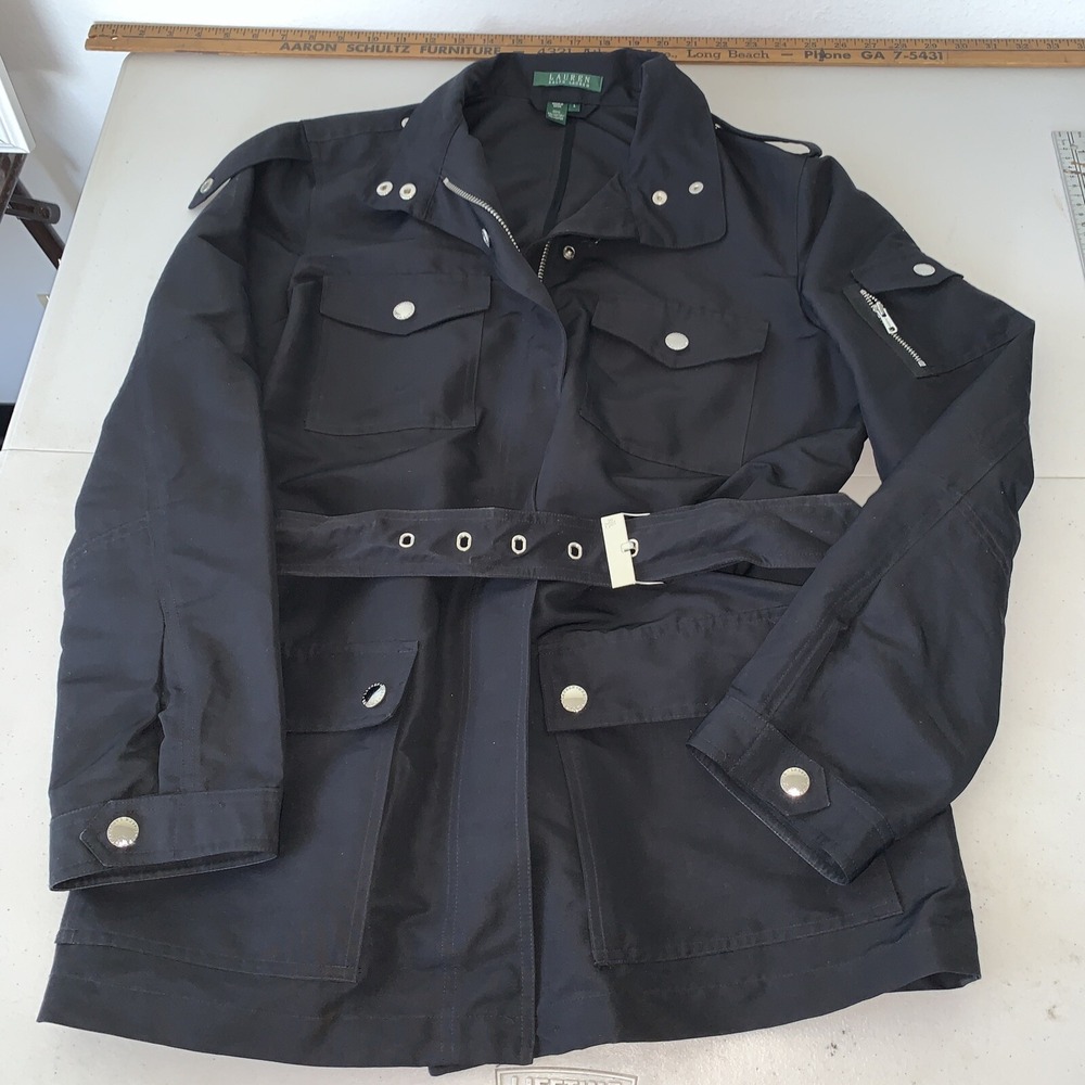 Lauren By Ralph Lauren Utility Black Jacket Coat Large L Pockets Zip Belted